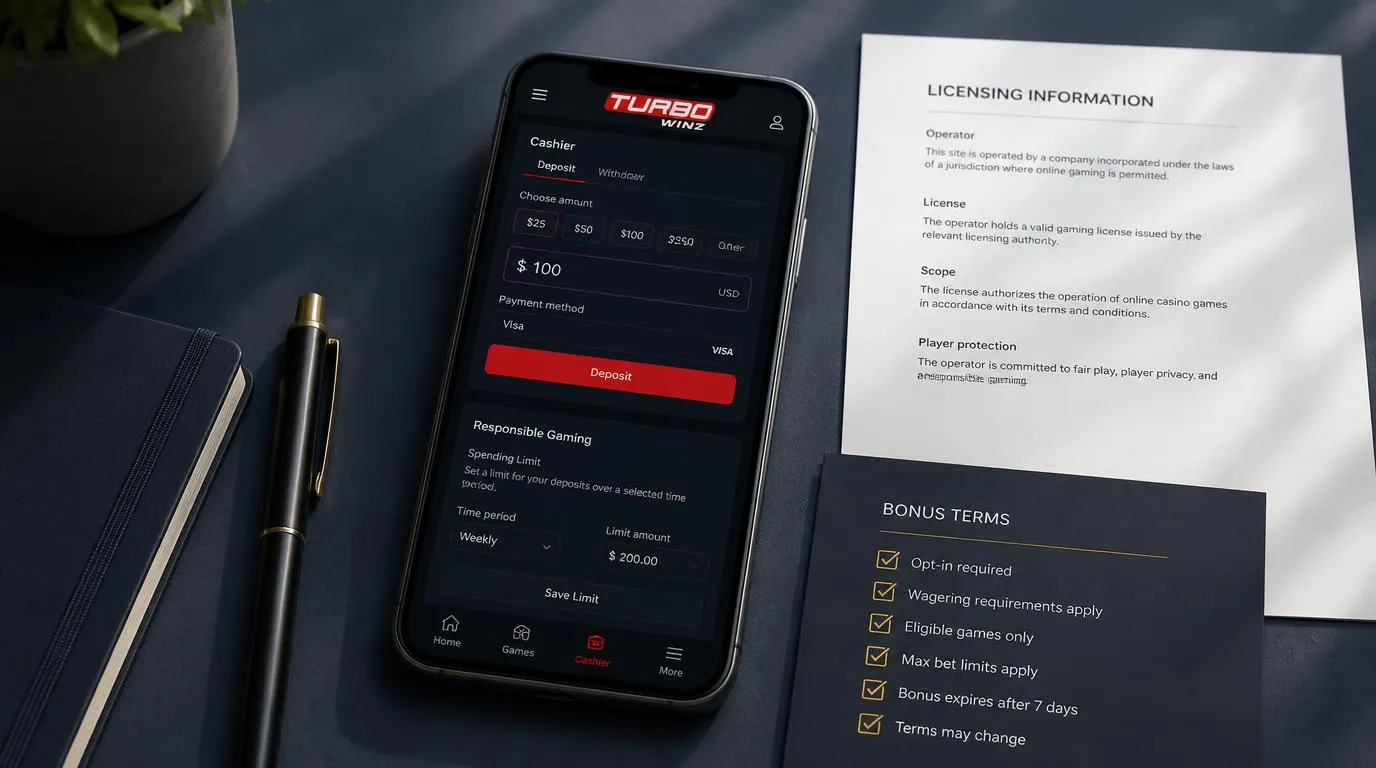 Telefon z widokiem kasy kasyna obok dokumentu licencyjnego i checklisty warunków bonusu