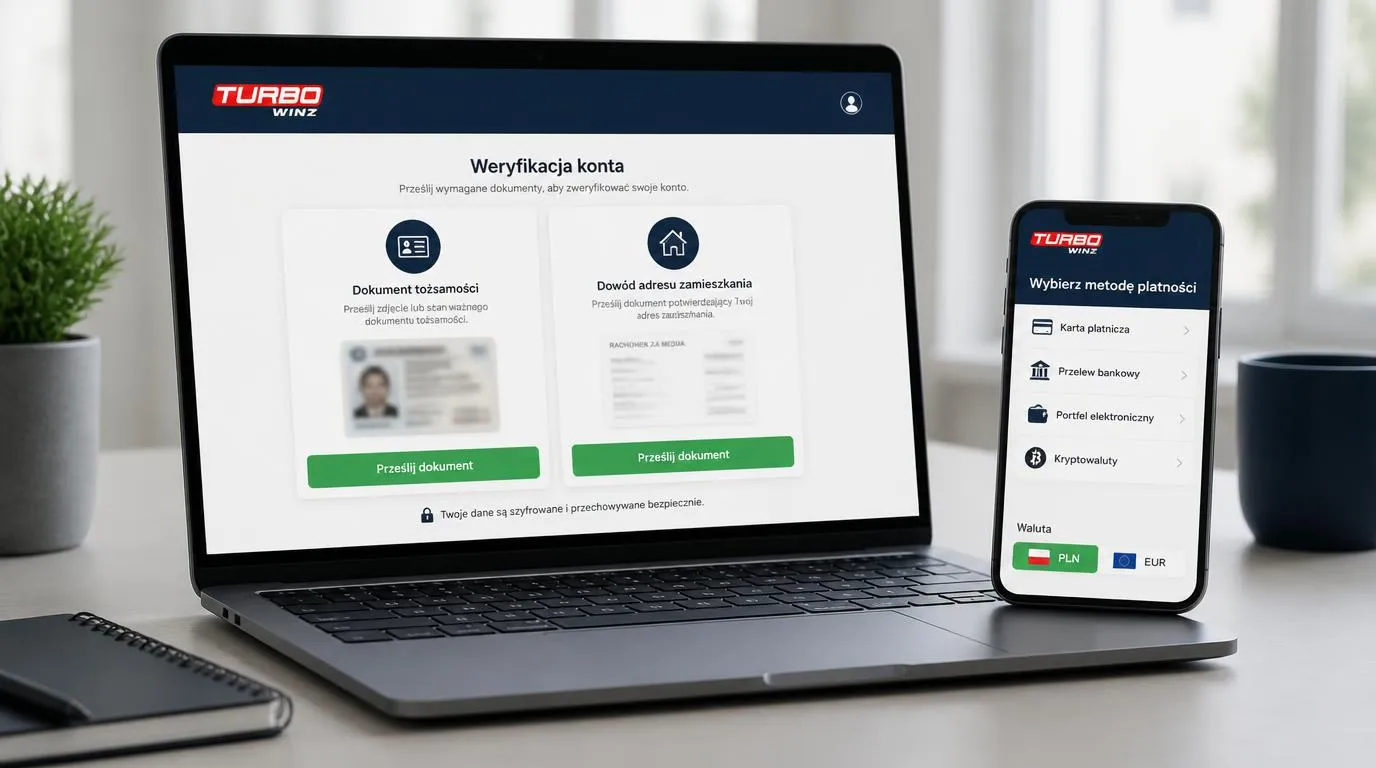 Panel weryfikacji konta z dokumentem tożsamości i potwierdzeniem adresu obok ekranu wyboru płatności