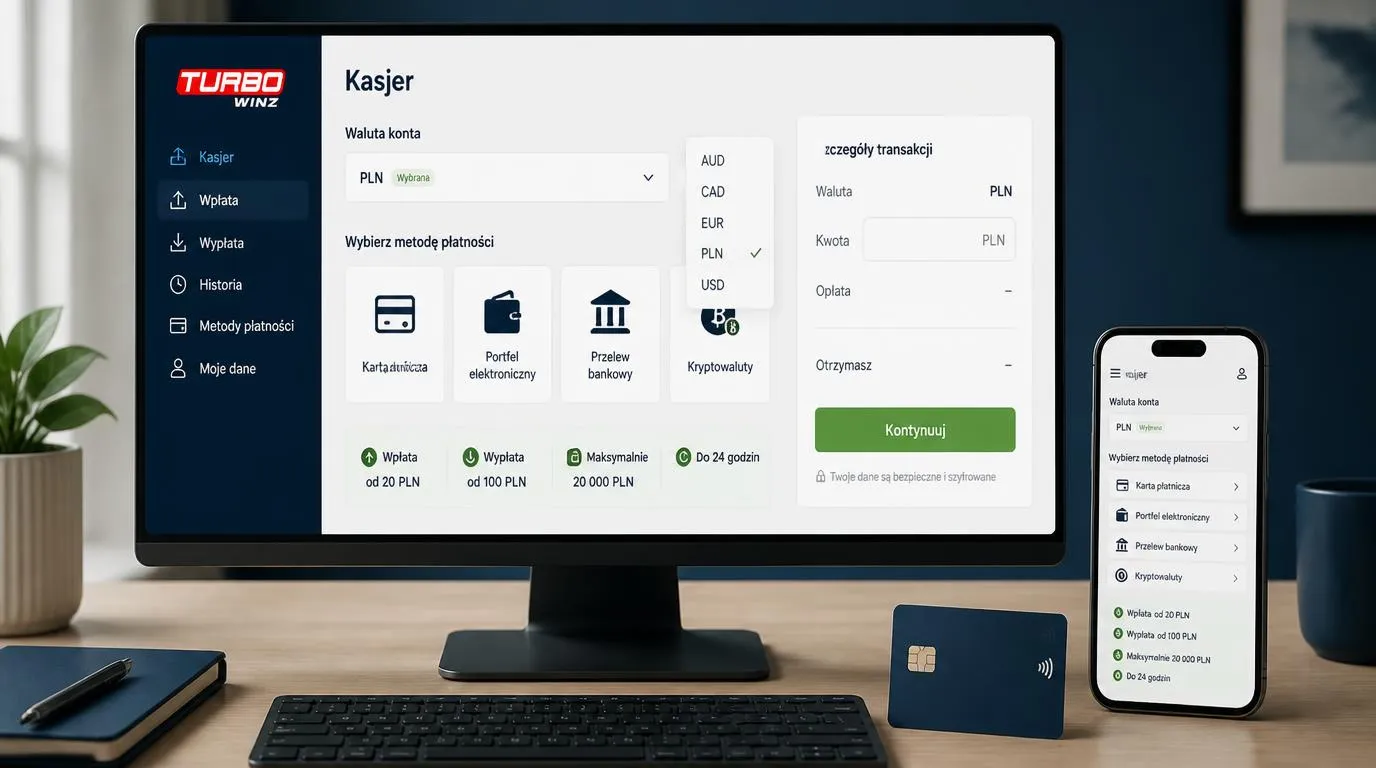 Panel kasjera z kontem w PLN, wyborem karty, portfela i kryptowalut oraz limitami wpłat i wypłat